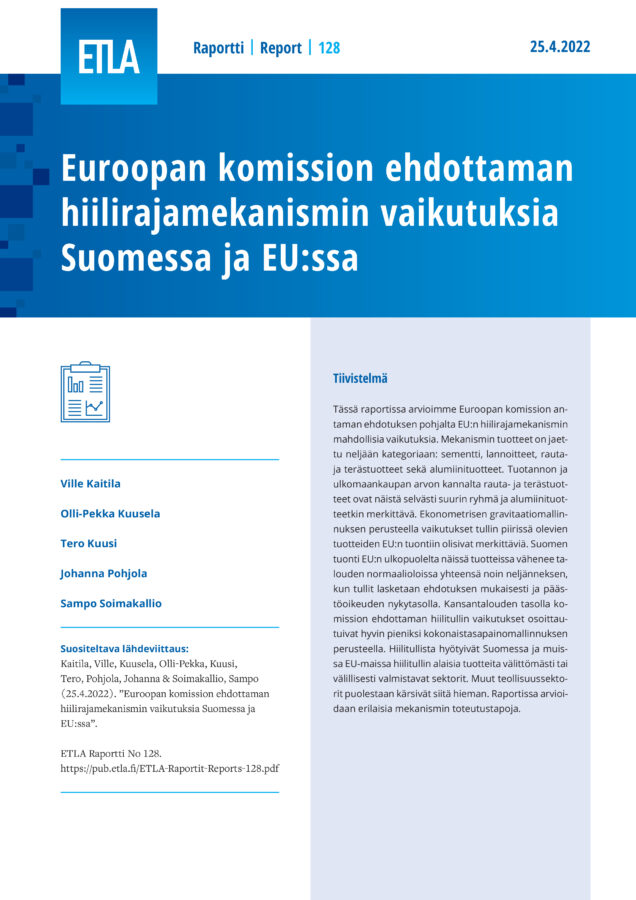Euroopan komission ehdottaman hiilirajamekanismin vaikutuksia Suomessa ja EU:ssa - ETLA-Raportit-Reports-128