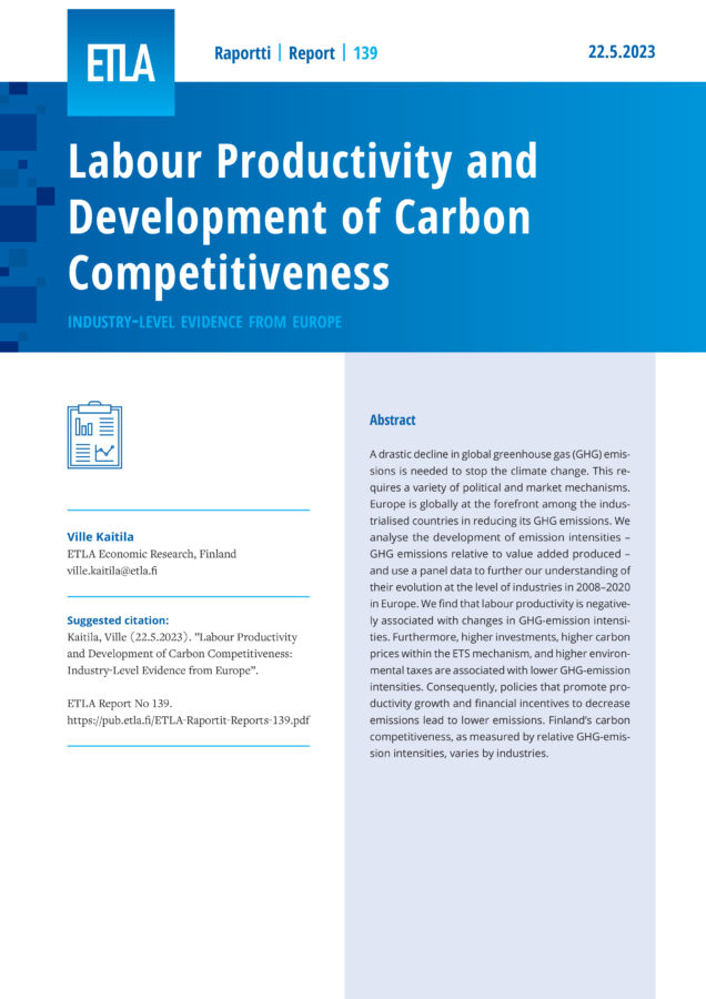 Labour Productivity and Development of Carbon Competitiveness: Industry-Level Evidence from Europe - ETLA-Raportit-Reports-139