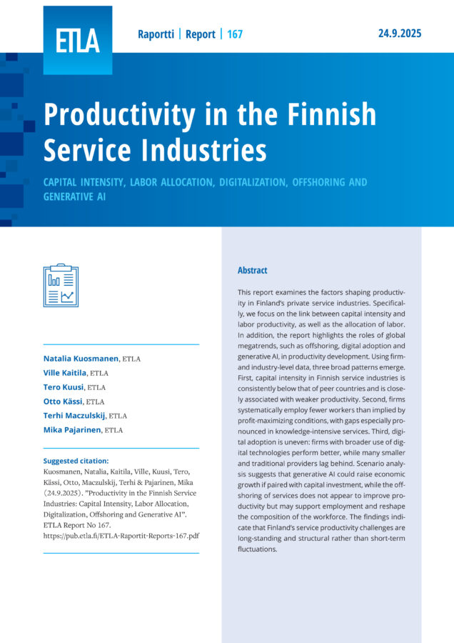 Productivity in the Finnish Service Industries: Capital Intensity, Labor Allocation, Digitalization, Offshoring and Generative AI - ETLA-Raportit-Reports-167
