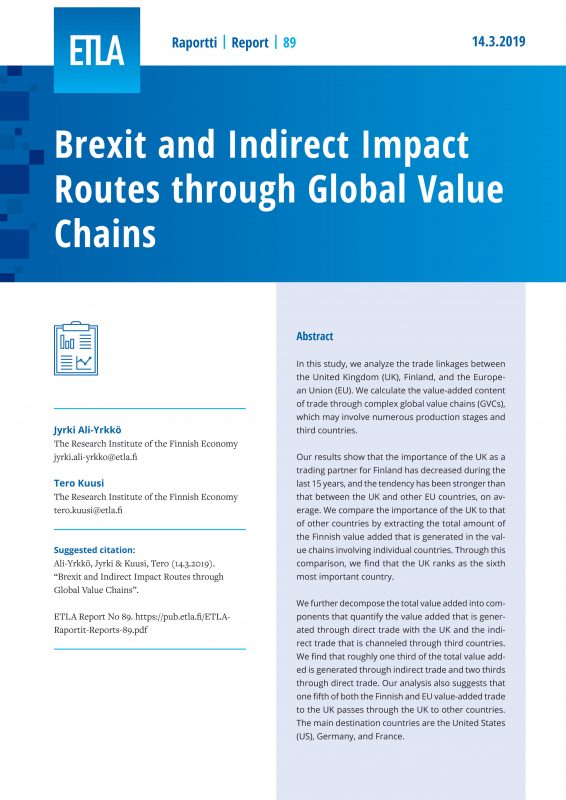Brexit and Indirect Impact Routes through Global Value Chains - ETLA-Raportit-Reports-89