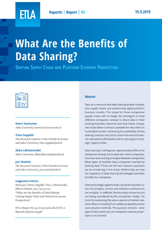 What Are the Benefits of Data Sharing? Uniting Supply Chain and Platform Economy Perspectives - ETLA-Raportit-Reports-93