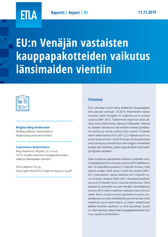 EU:n Venäjän vastaisten kauppapakotteiden vaikutus länsimaiden vientiin - ETLA-Raportit-Reports-95