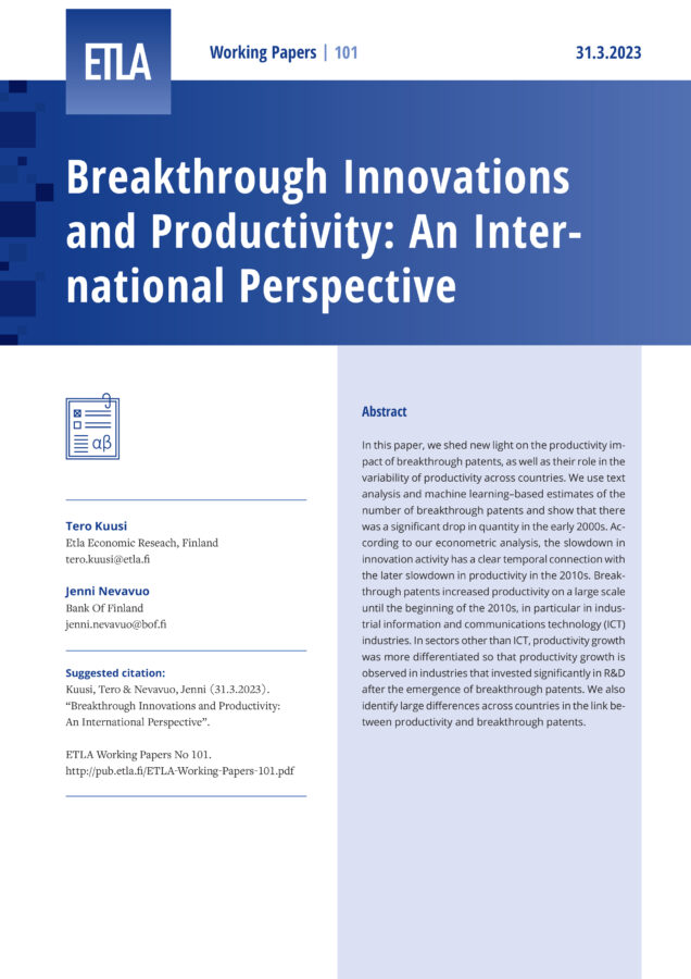 Breakthrough Innovations and Productivity: An International Perspective - ETLA-Working-Papers-101