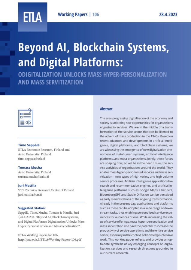 Beyond AI, Blockchain Systems, and Digital Platforms: Digitalization Unlocks Mass Hyper-Personalization and Mass Servitization - ETLA-Working-Papers-106
