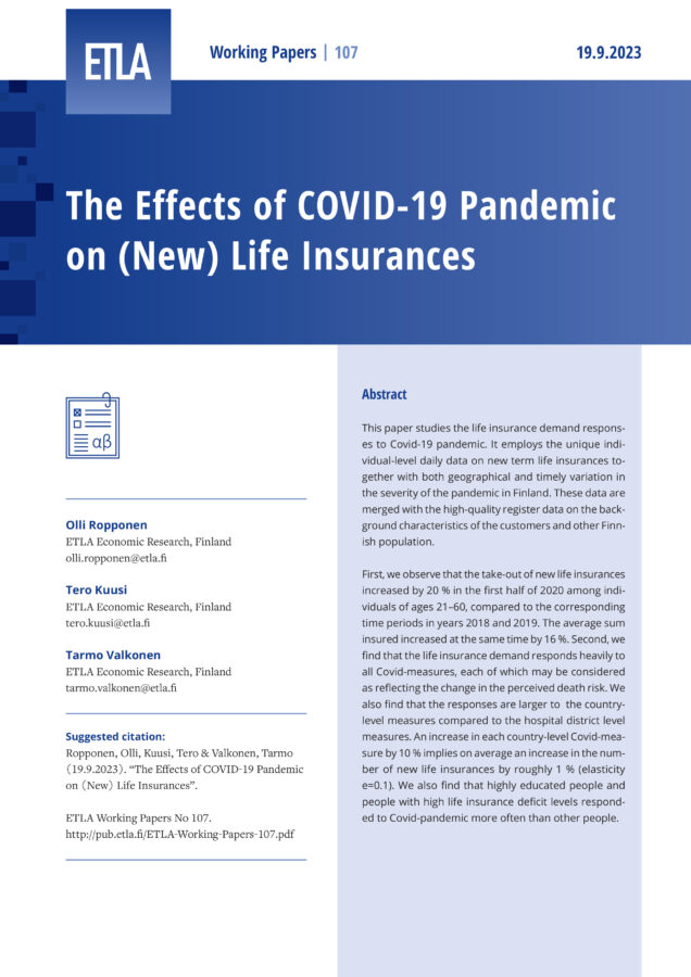 The Effects of COVID-19 Pandemic on (New) Life Insurances - ETLA-Working-Papers-107