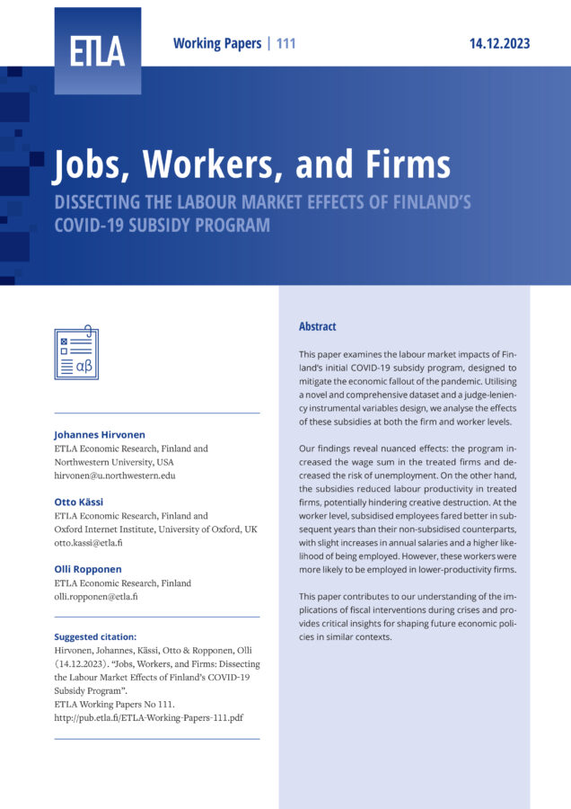 Jobs, Workers, and Firms: Dissecting the Labour Market Effects of Finland’s COVID-19 Subsidy Program - ETLA-Working-Papers-111