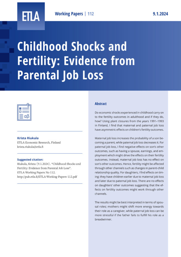 Childhood Shocks and Fertility: Evidence from Parental Job Loss - ETLA-Working-Papers-112