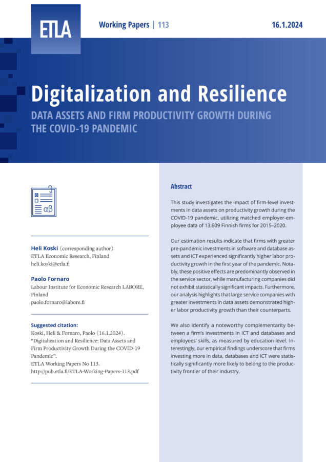 Digitalization and Resilience: Data Assets and Firm Productivity Growth During the COVID-19 Pandemic - ETLA-Working-Papers-113