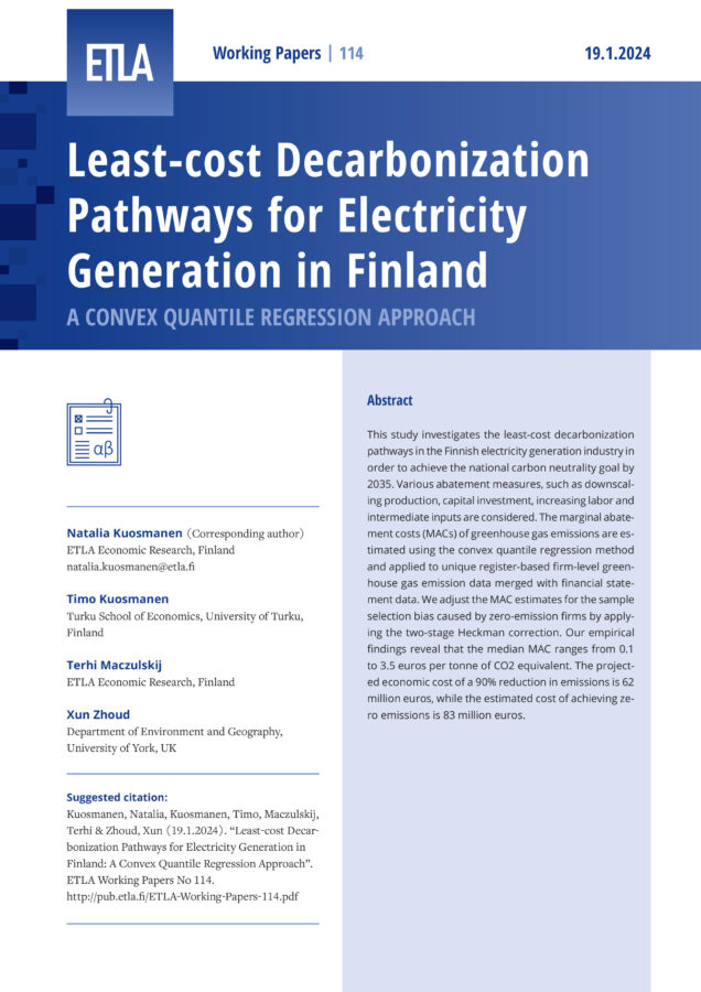 Least-cost Decarbonization Pathways for Electricity Generation in Finland: A Convex Quantile Regression Approach - ETLA-Working-Papers-114