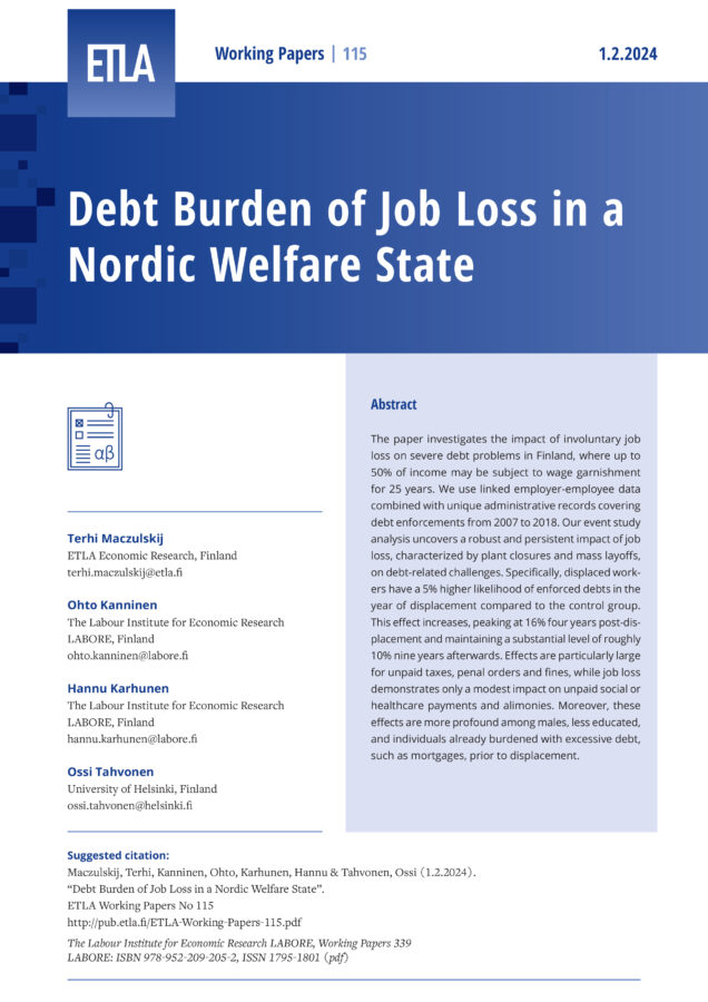 Debt Burden of Job Loss in a Nordic Welfare State - ETLA-Working-Papers-115