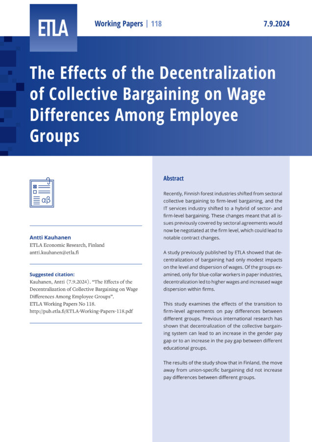 The Effects of the Decentralization of Collective Bargaining on Wage Differences Among Employee Groups - ETLA-Working-Papers-118