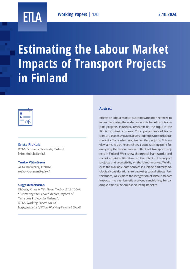 Estimating the Labour Market Impacts of Transport Projects in Finland - ETLA-Working-Papers-120