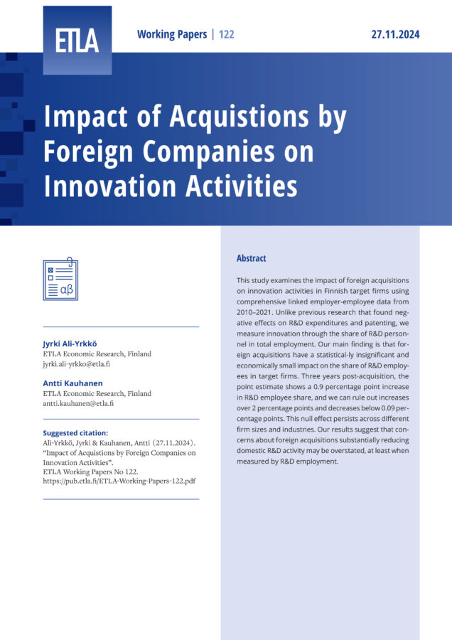 Impact of Acquistions by Foreign Companies on Innovation Activities - ETLA-Working-Papers-122