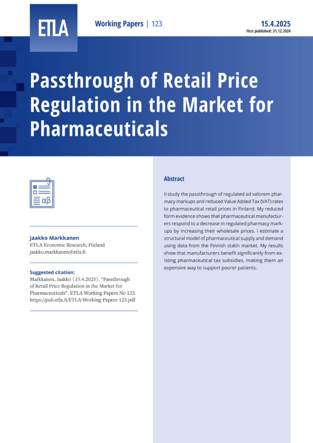 Passthrough of Retail Price Regulation in the Market for Pharmaceuticals - ETLA-Working-Papers-123
