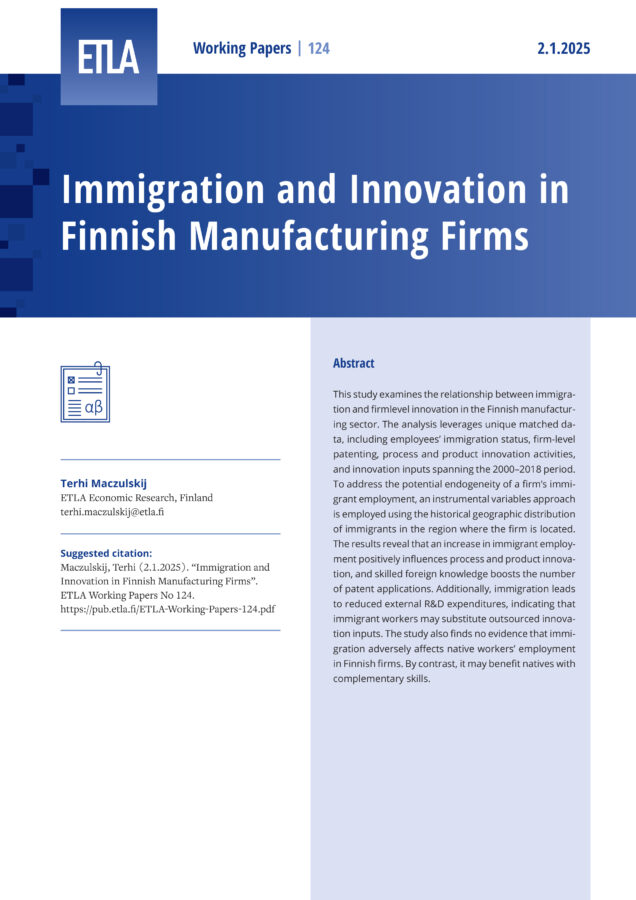 Immigration and Innovation in Finnish Manufacturing Firms - ETLA-Working-Papers-124