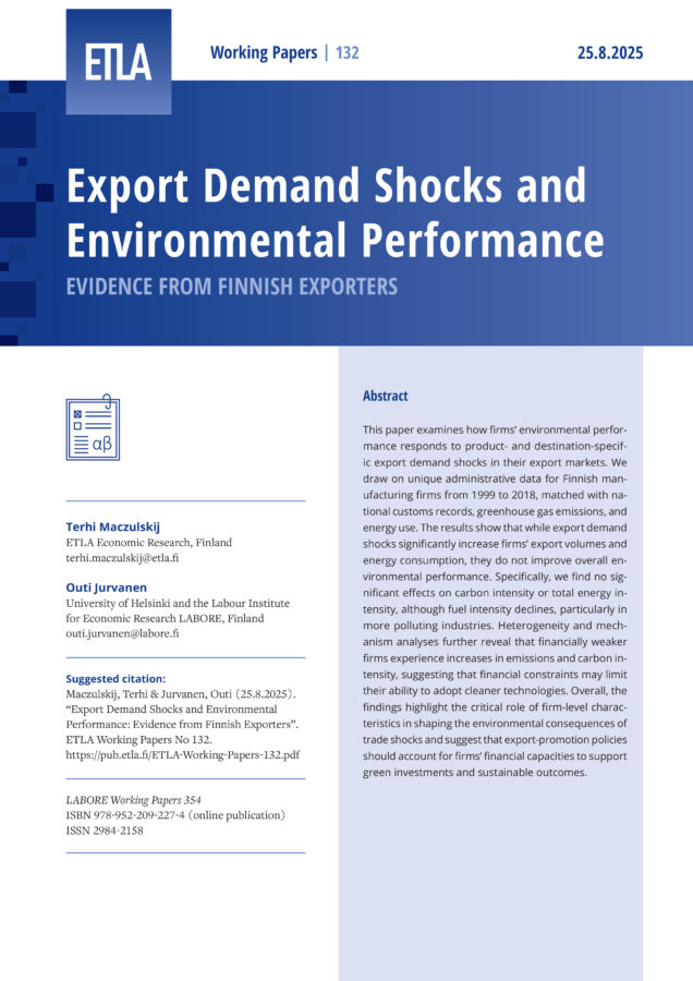 Export Demand Shocks and Environmental Performance: Evidence from Finnish Exporters - ETLA-Working-Papers-132