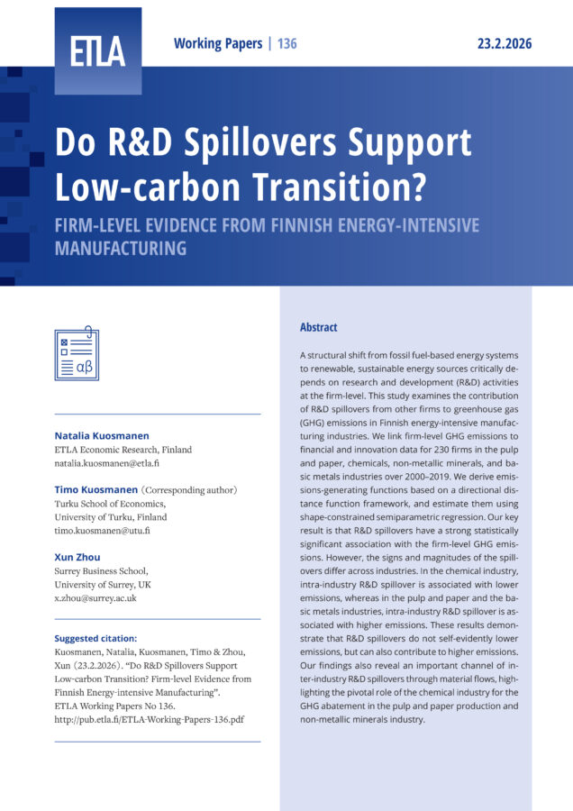 Do R&D Spillovers Support Low-carbon Transition? Firm-level Evidence from Finnish Energy-intensive Manufacturing - ETLA-Working-Papers-136