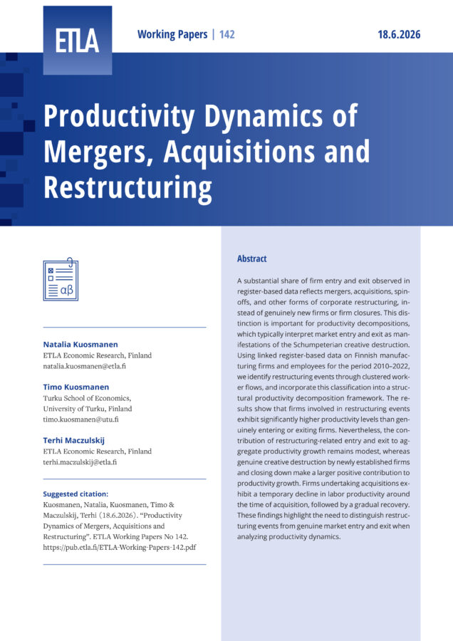 Productivity Dynamics of Mergers, Acquisitions and Restructuring - ETLA-Working-Papers-142