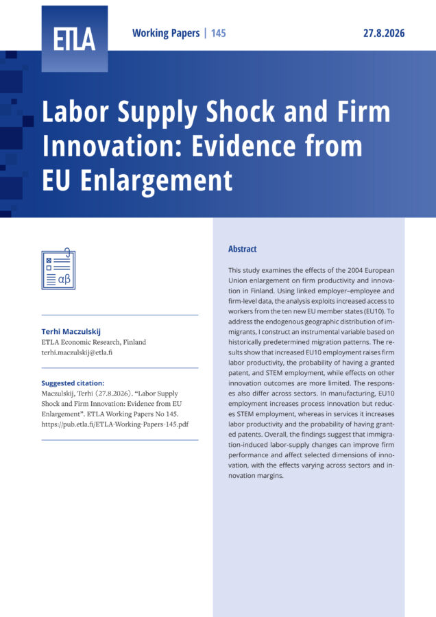 Labor Supply Shock and Firm Innovation: Evidence from EU Enlargement - ETLA-Working-Papers-145