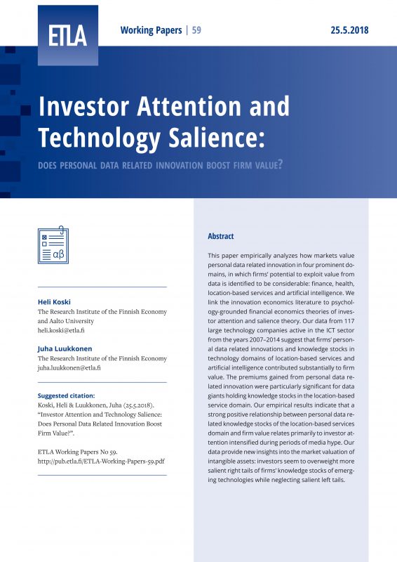 Investor Attention and Technology Salience: Does Personal Data Related Innovation Boost Firm Value? - ETLA-Working-Papers-59