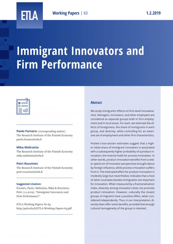 Immigrant Innovators and Firm Performance - ETLA-Working-Papers-63