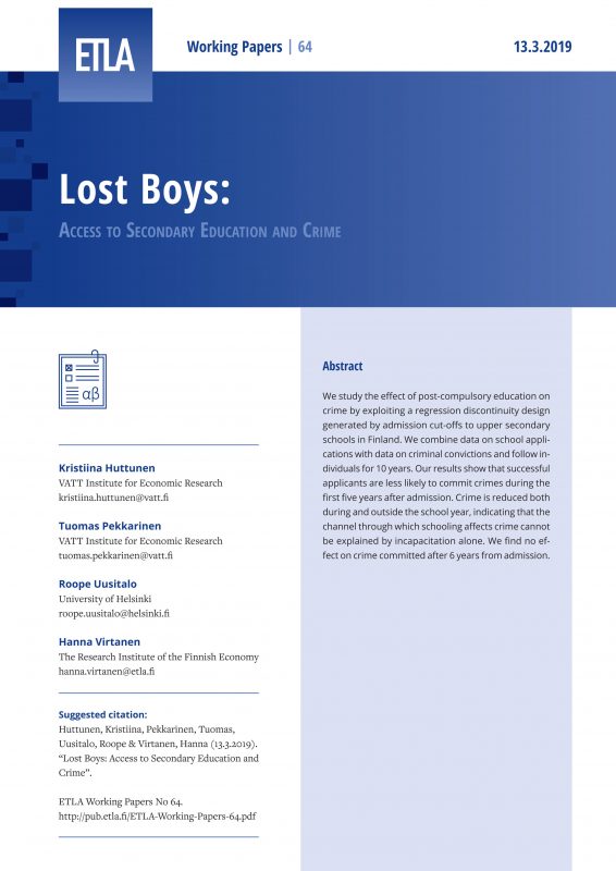 Lost Boys: Access to Secondary Education and Crime - ETLA-Working-Papers-64