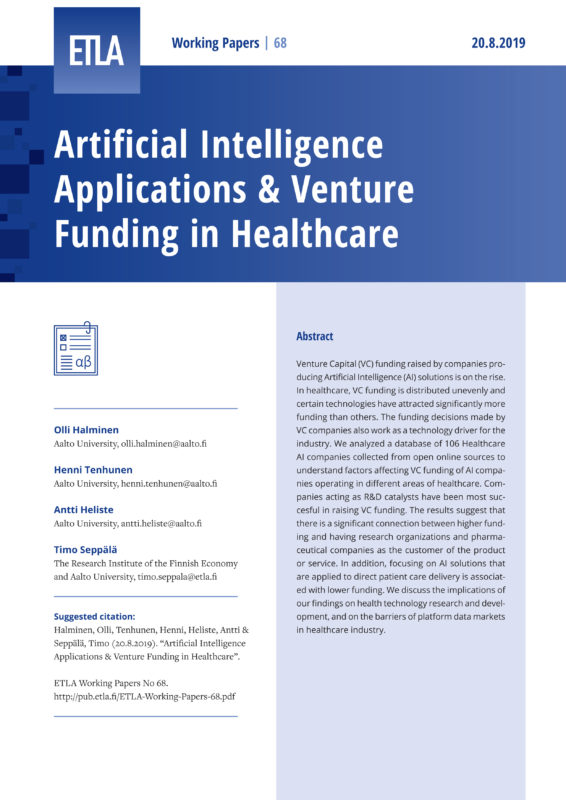 Artificial Intelligence Applications & Venture Funding in Healthcare - ETLA-Working-Papers-68