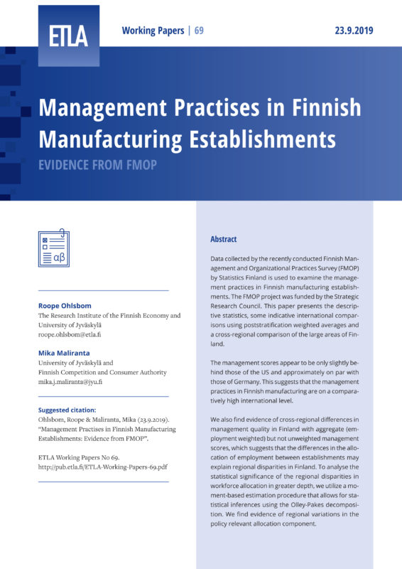 Management Practises in Finnish Manufacturing Establishments: Evidence from FMOP - ETLA-Working-Papers-69