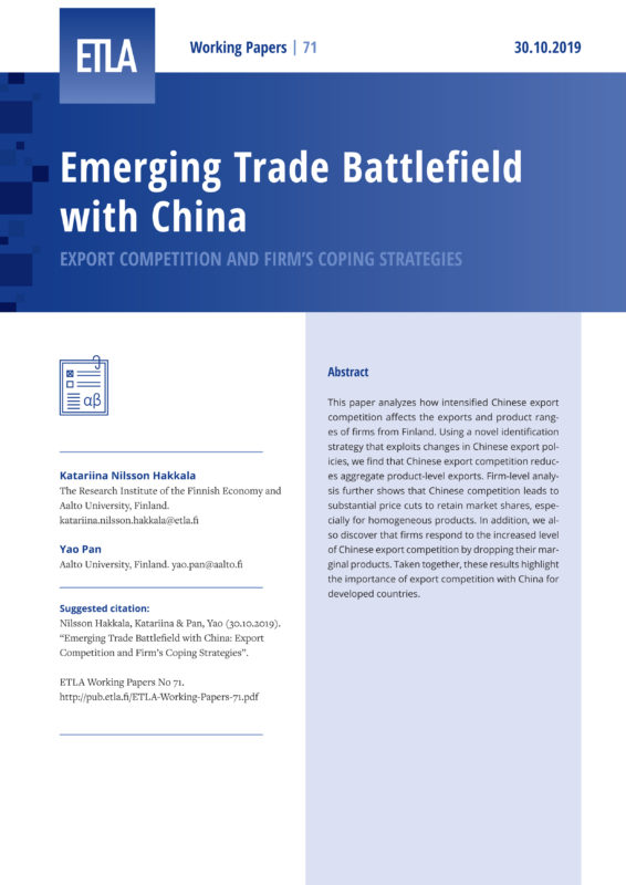 Emerging Trade Battlefield with China: Export Competition and Firm’s Coping Strategies - ETLA-Working-Papers-71