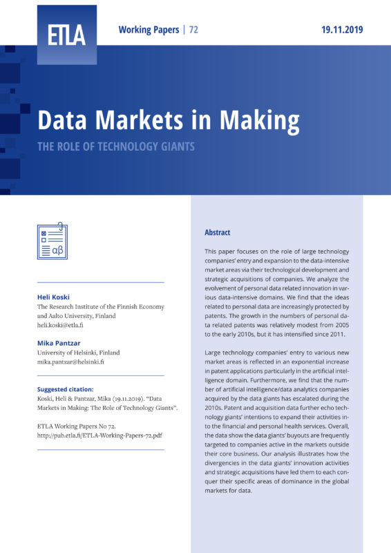 Data Markets in Making: The Role of Technology Giants - ETLA-Working-Papers-72