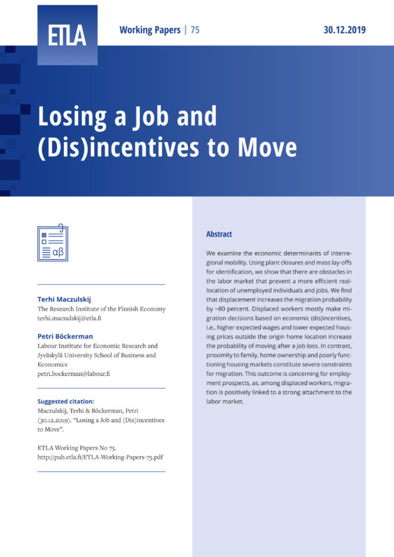 Losing a Job and (Dis)incentives to Move - ETLA-Working-Papers-75