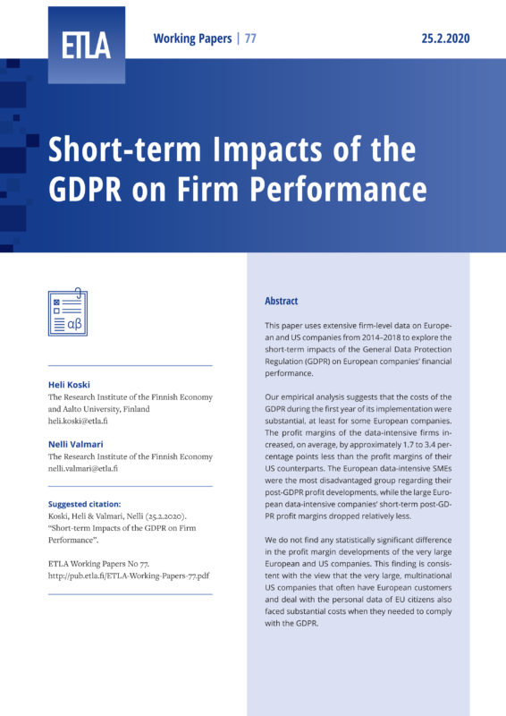 Short-term Impacts of the GDPR on Firm Performance - ETLA-Working-Papers-77