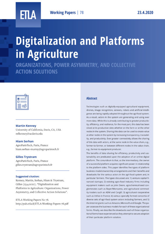 Digitalization and Platforms in Agriculture: Organizations, Power Asymmetry, and Collective Action Solutions - ETLA-Working-Papers-78