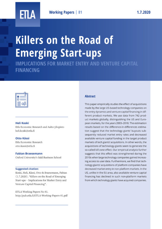 Killers on the Road of Emerging Start-ups – Implications for Market Entry and Venture Capital Financing - ETLA-Working-Papers-81