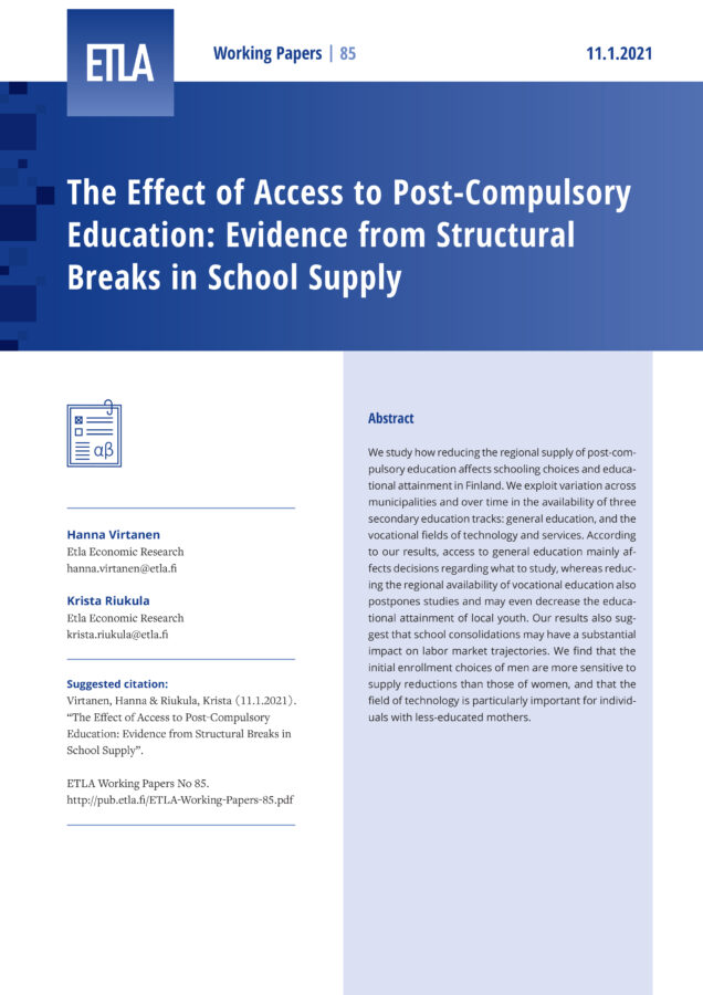 The Effect of Access to Post-Compulsory Education: Evidence from Structural Breaks in School Supply - ETLA-Working-Papers-85