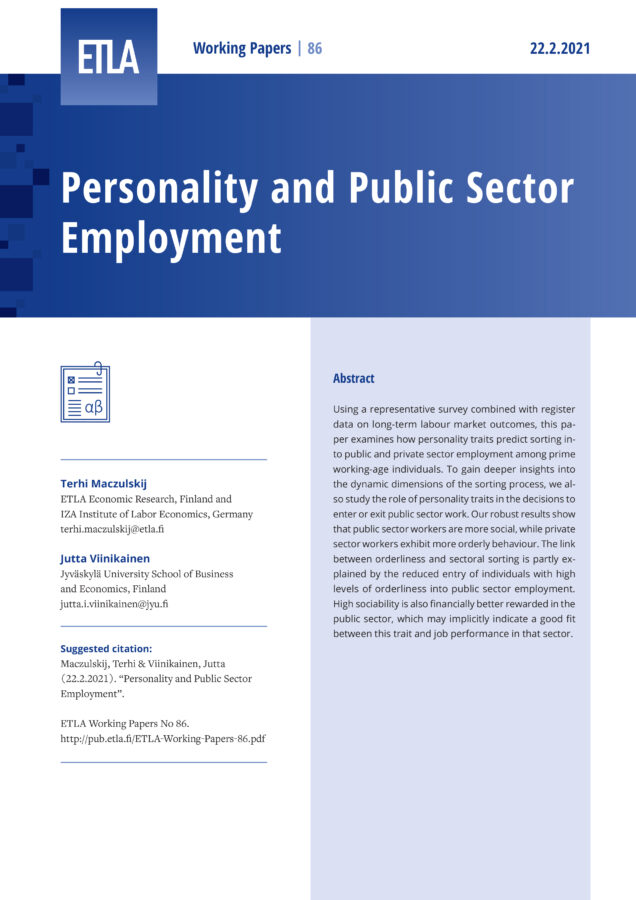 Personality and Public Sector Employment - ETLA-Working-Papers-86