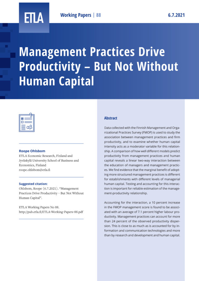 Management Practices Drive Productivity – But Not Without Human Capital - ETLA-Working-Papers-88