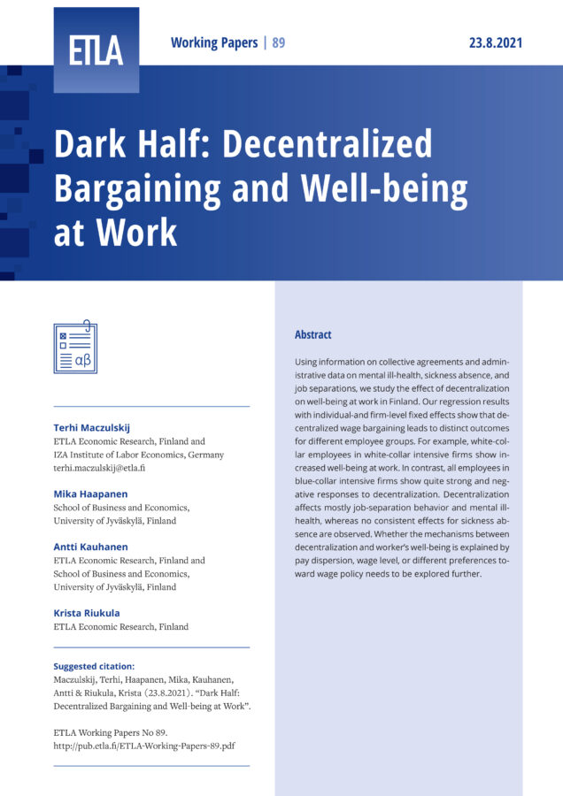 Dark Half: Decentralized Bargaining and Well-being at Work - ETLA-Working-Papers-89