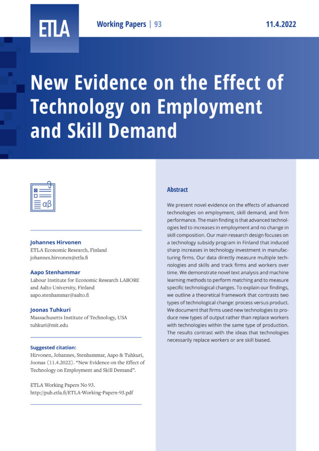 New Evidence on the Effect of Technology on Employment and Skill Demand - ETLA-Working-Papers-93