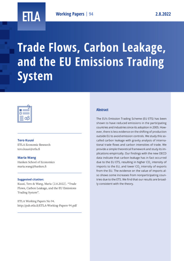 Trade Flows, Carbon Leakage, and the EU Emissions Trading System - ETLA-Working-Papers-94