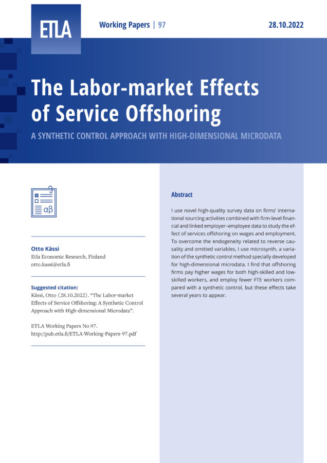 The Labor-market Effects of Service Offshoring: A Synthetic Control Approach with High-dimensional Microdata - ETLA-Working-Papers-97