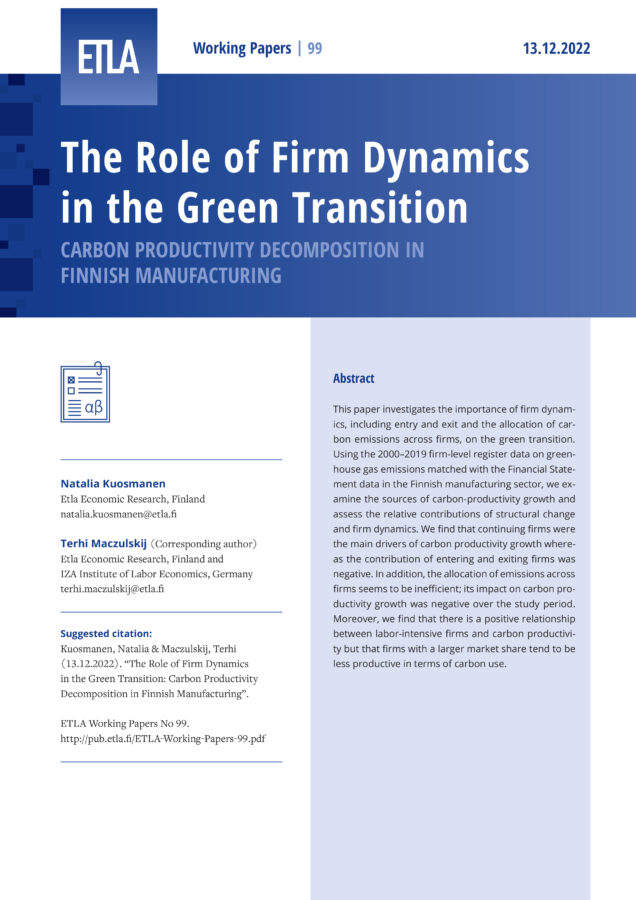 The Role of Firm Dynamics in the Green Transition: Carbon Productivity Decomposition in Finnish Manufacturing - ETLA-Working-Papers-99