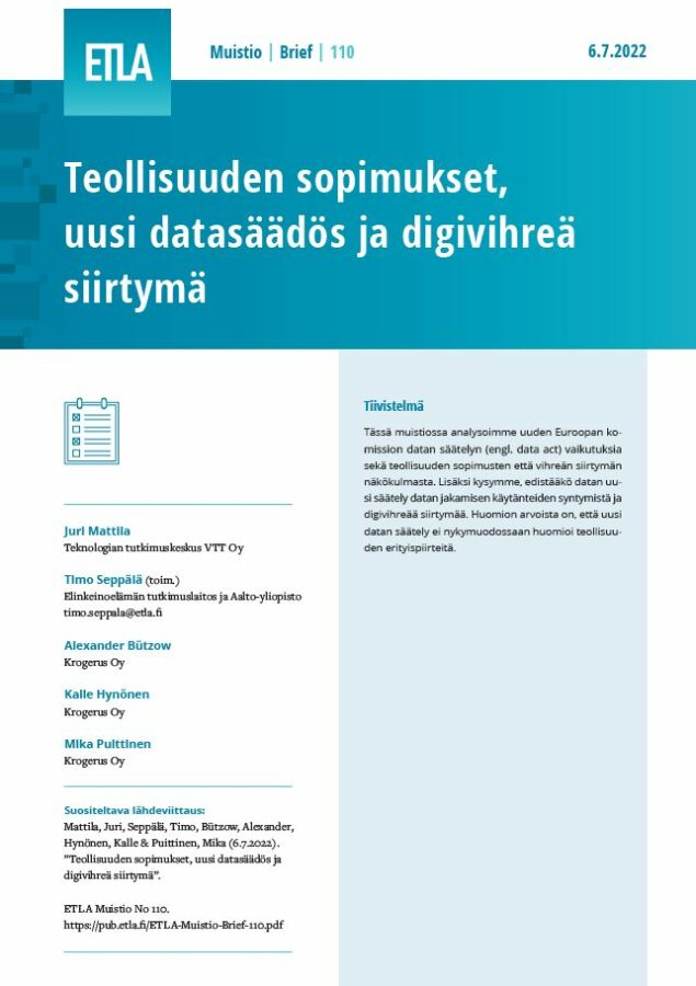 Teollisuuden sopimukset, uusi datasäädös ja digivihreä siirtymä - ETLA-Muistio-Brief-110