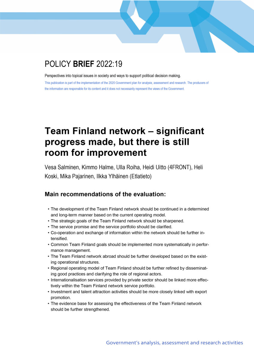 Team Finland Network – Significant Progress Made, But There Is Still Room for Improvement